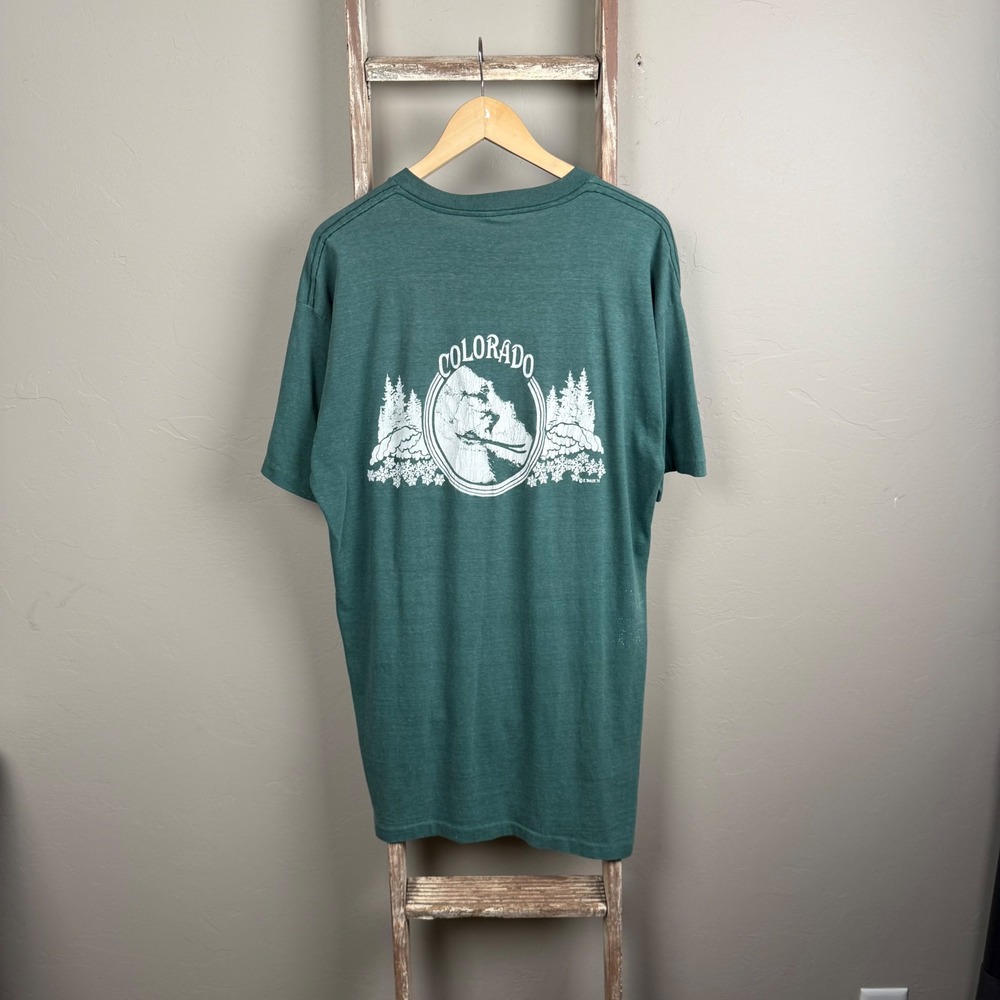 Vintage 70s Ski Colorado Green Faded Single Stitch‎ T shirt size 2XL, USA